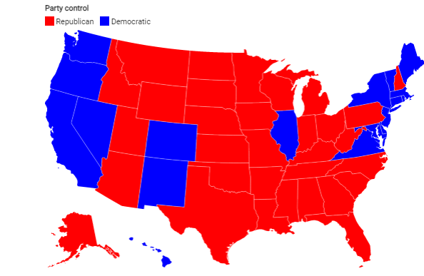 تسلط دو حزب بر مجالس سنای ایالتی در ایالت های مختلف - کنگره و کاخ سفید - انتخابات آمریکا