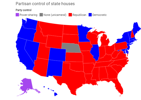 تسلط دو حزب بر مجالس نمایندگان ایالتی  در ایالت های مختلف - کنگره و کاخ سفید - انتخابات آمریکا
