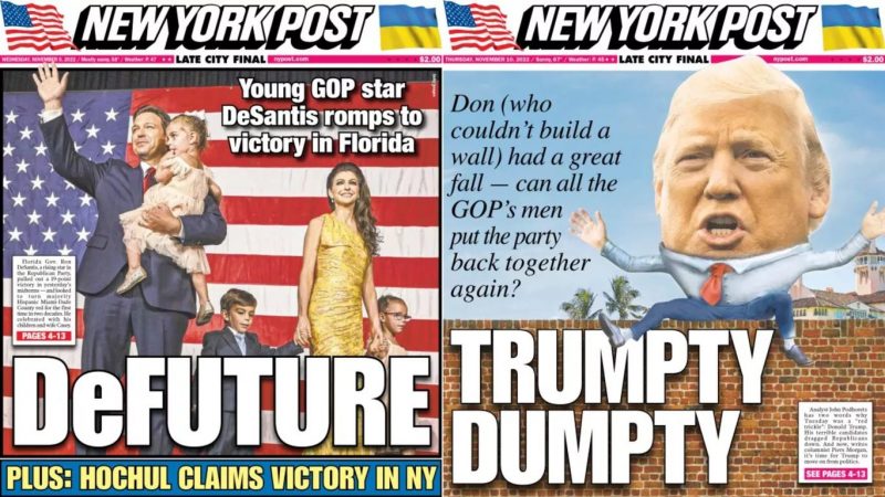 نیویورک پست که نشریه مهم جمهوری خواهان و محافظه کاران است اینگونه ترامپ را با شلاق تیترهای خود نواخته است. اشاره صریح به اهمیت دسنتیس به عنوان "آینده حزب جمهوری خواه" بسیار مهم است
